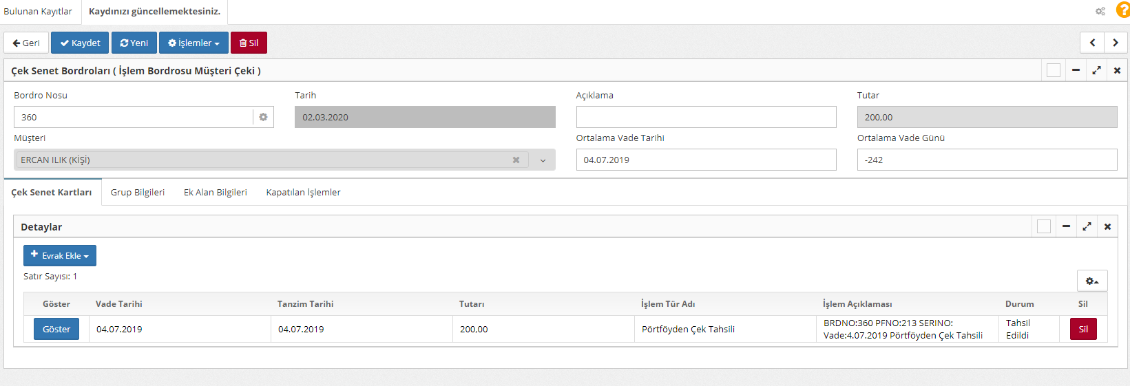 portföyden çek tahsili
